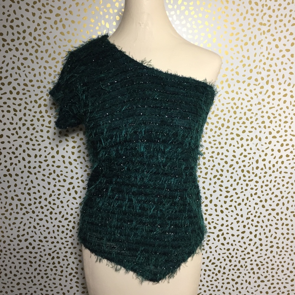 Fuzzy Hunter Green One Shoulder Top